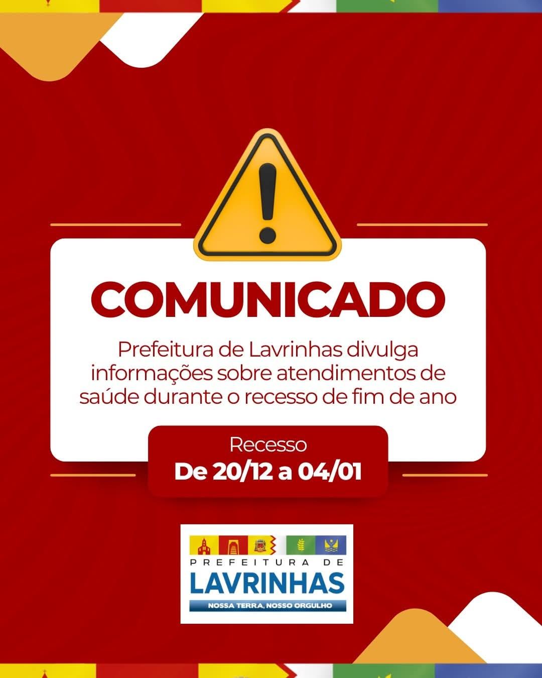 Prefeitura de Lavrinhas divulga informações sobre atendimentos de saúde durante o recesso de fim de ano